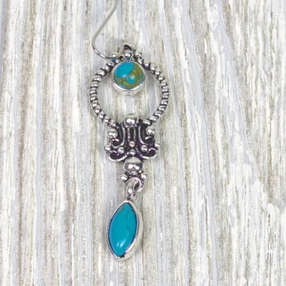 Womens Silver Tone & Turqouise Stone Dangle Wire Earrings Blue 1.5